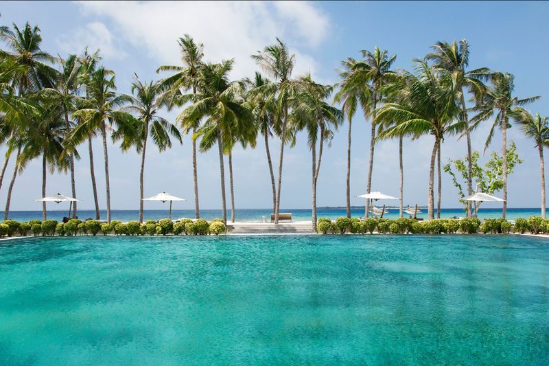 Main pool and palm-lined beach at Cheval Blanc Randheli
