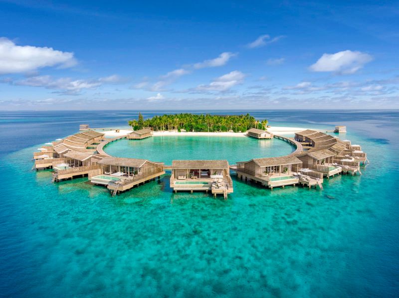 Ring of overwater residences, aerial view at Kudadoo Private Island