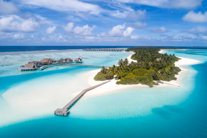 Island, beach and arrival jetty, aerial view at Niyama Private Islands