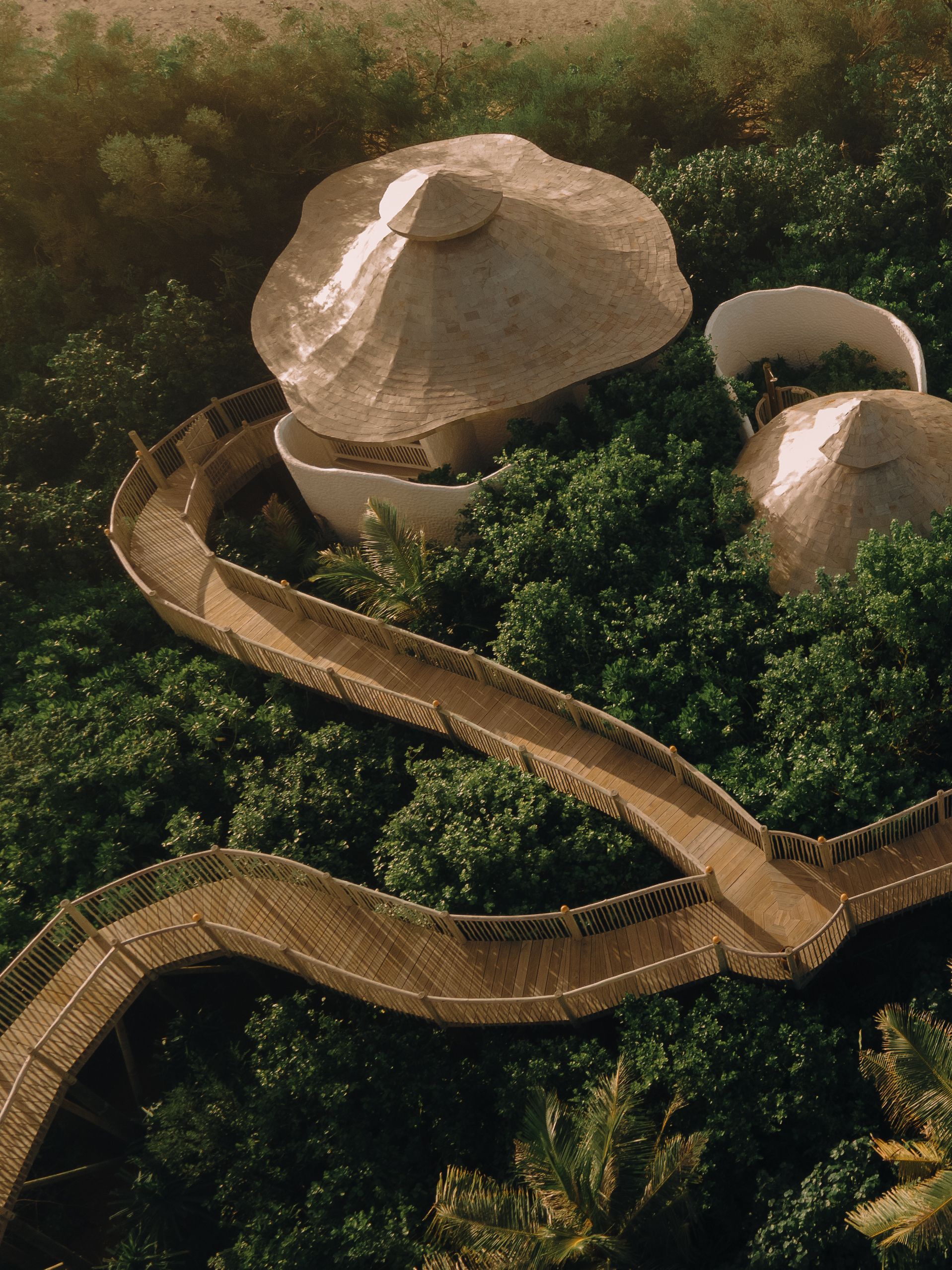 Soneva Soul spa and winding walkway, aerial view at Soneva Jani