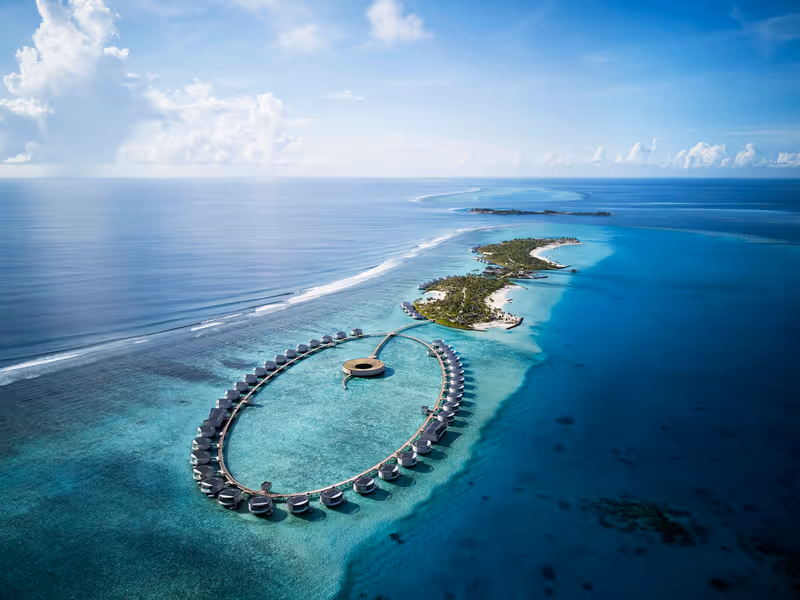 Fari Islands and circular water-villa jetty, aerial view at The Ritz-Carlton Maldives, Fari Islands