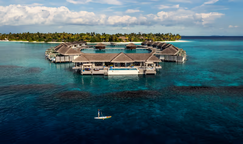 Overwater villas in the lagoon at Velaa Private Island