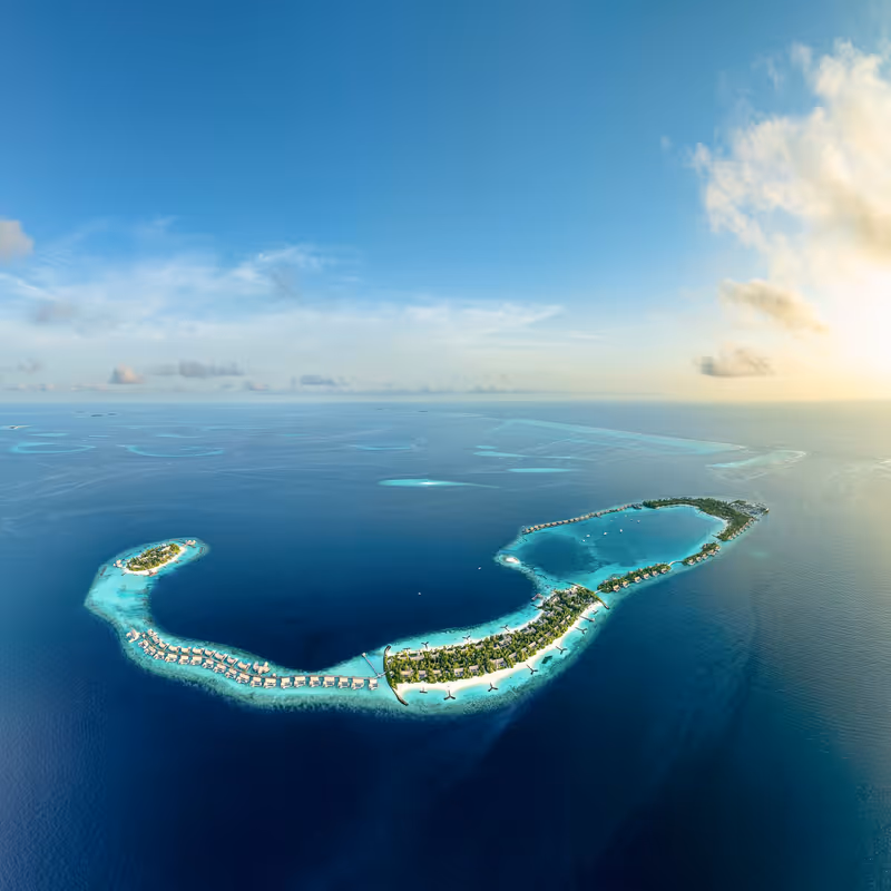 Island chain and reef, aerial view at Waldorf Astoria Maldives Ithaafushi